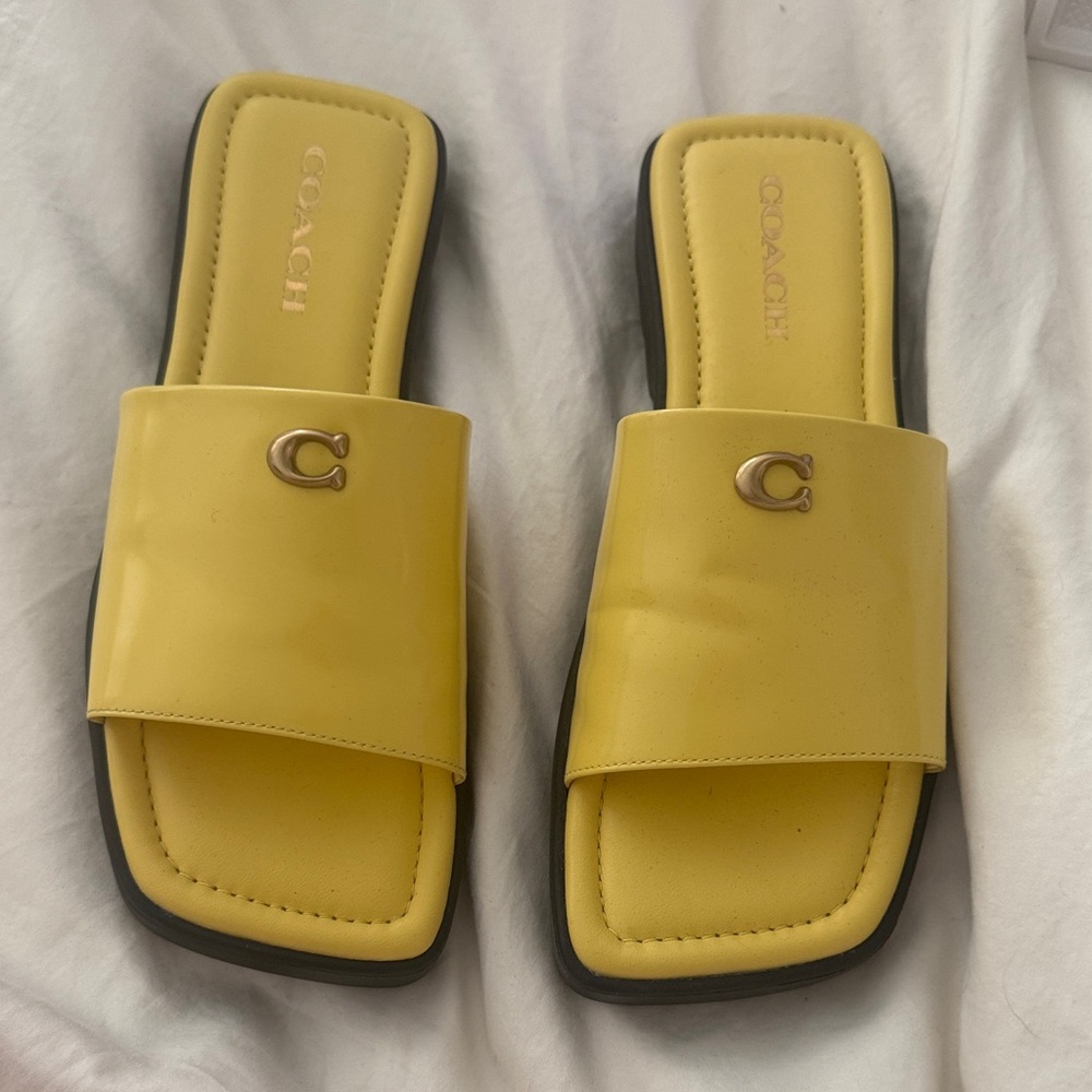 Coach Yellow Patent Slide Sandals with Gold 'C' Hardware